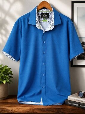 Tom Baine Performance Collection Blue Short Sleeve Shirt XXL Slim Fit